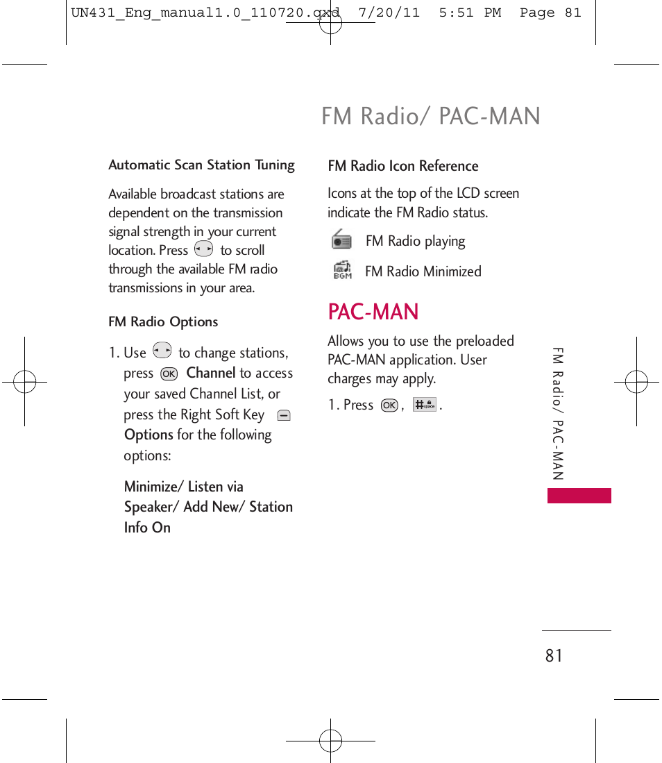 Fm radio/ pac-man, Pac-man | LG LGUN430 User Manual | Page 83 / 245