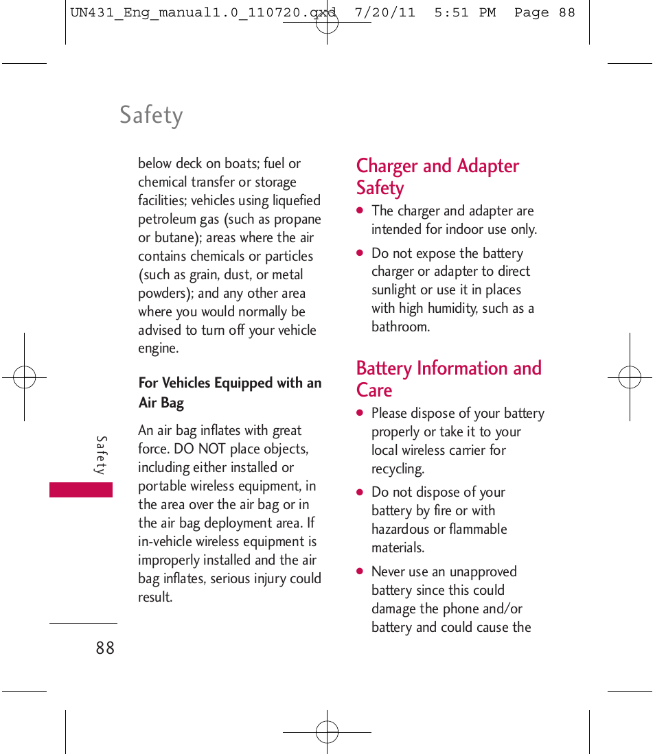 Safety, Charger and adapter safety, Battery information and care | LG LGUN430 User Manual | Page 90 / 245