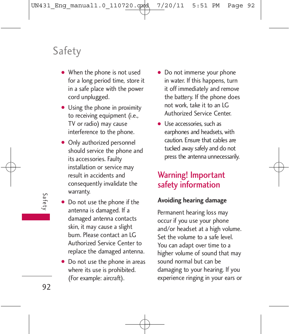 Safety, Warning! important safety information | LG LGUN430 User Manual | Page 94 / 245