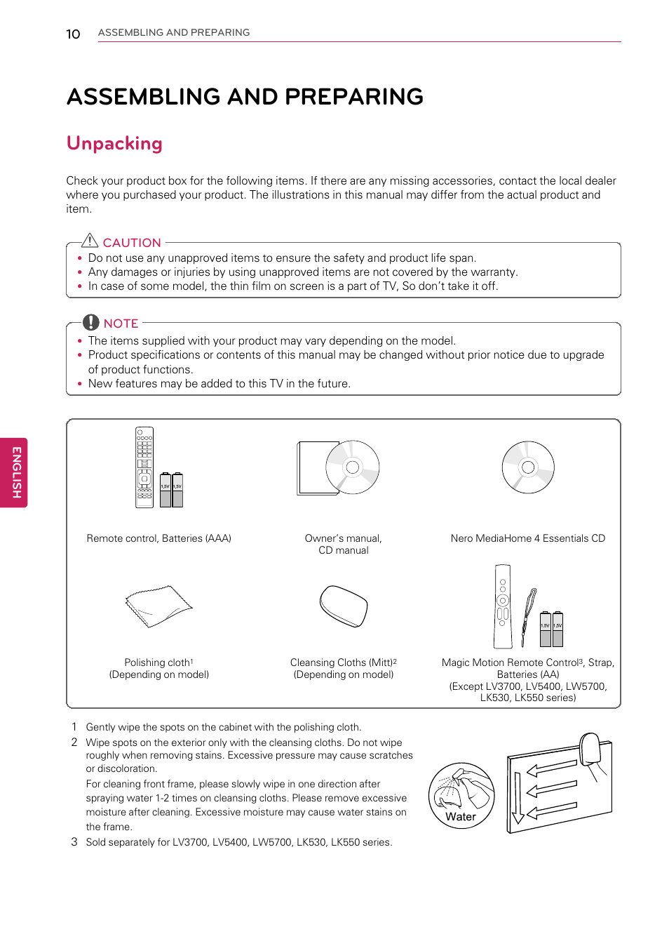 Assembling and preparing, Unpacking, 10 assembling and preparing | Caution, English | LG 55LW9800 User Manual | Page 10 / 170