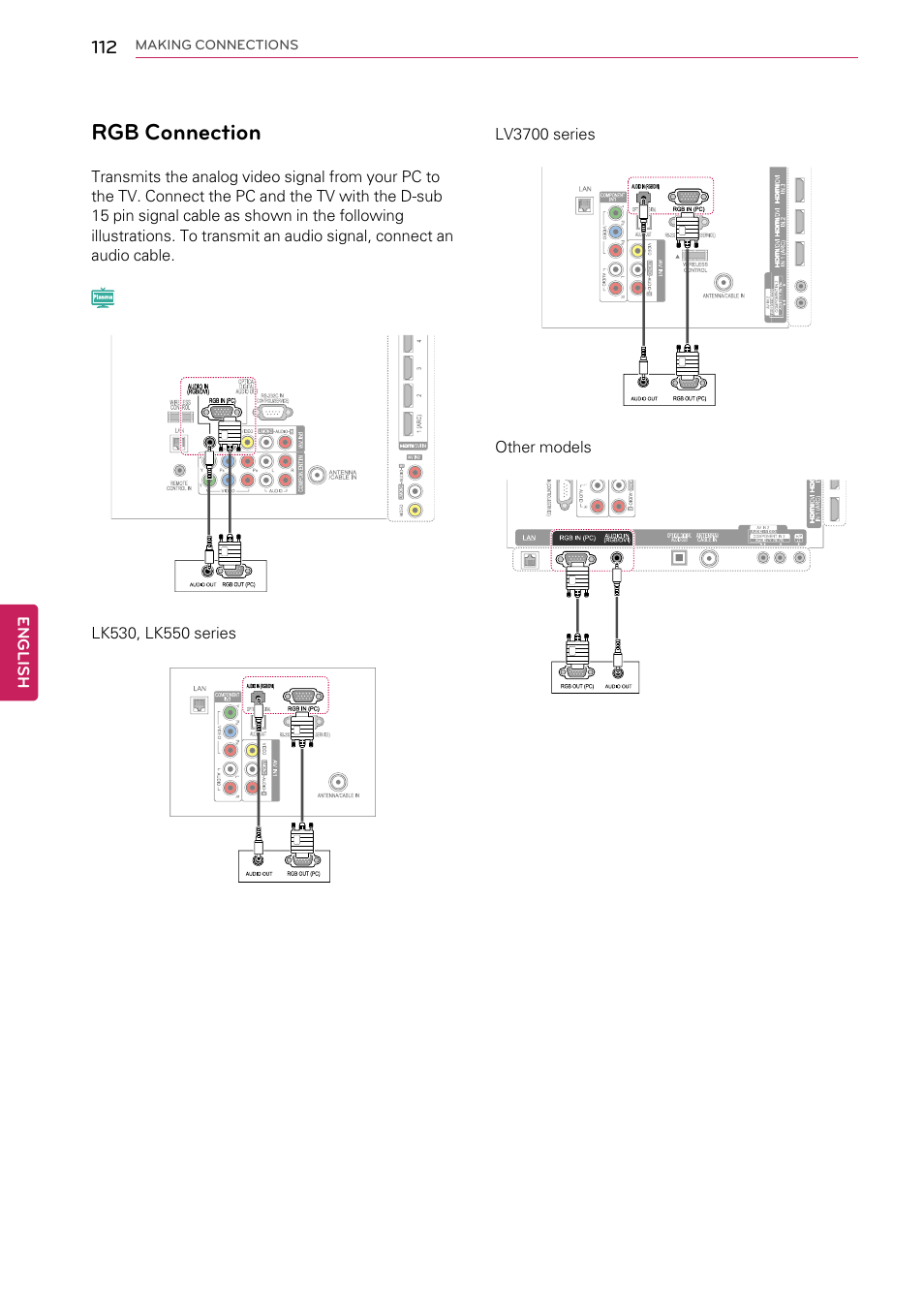 Rgb connection, P.112, English | Lv3700 series, Other models, Making connections | LG 55LW9800 User Manual | Page 112 / 170