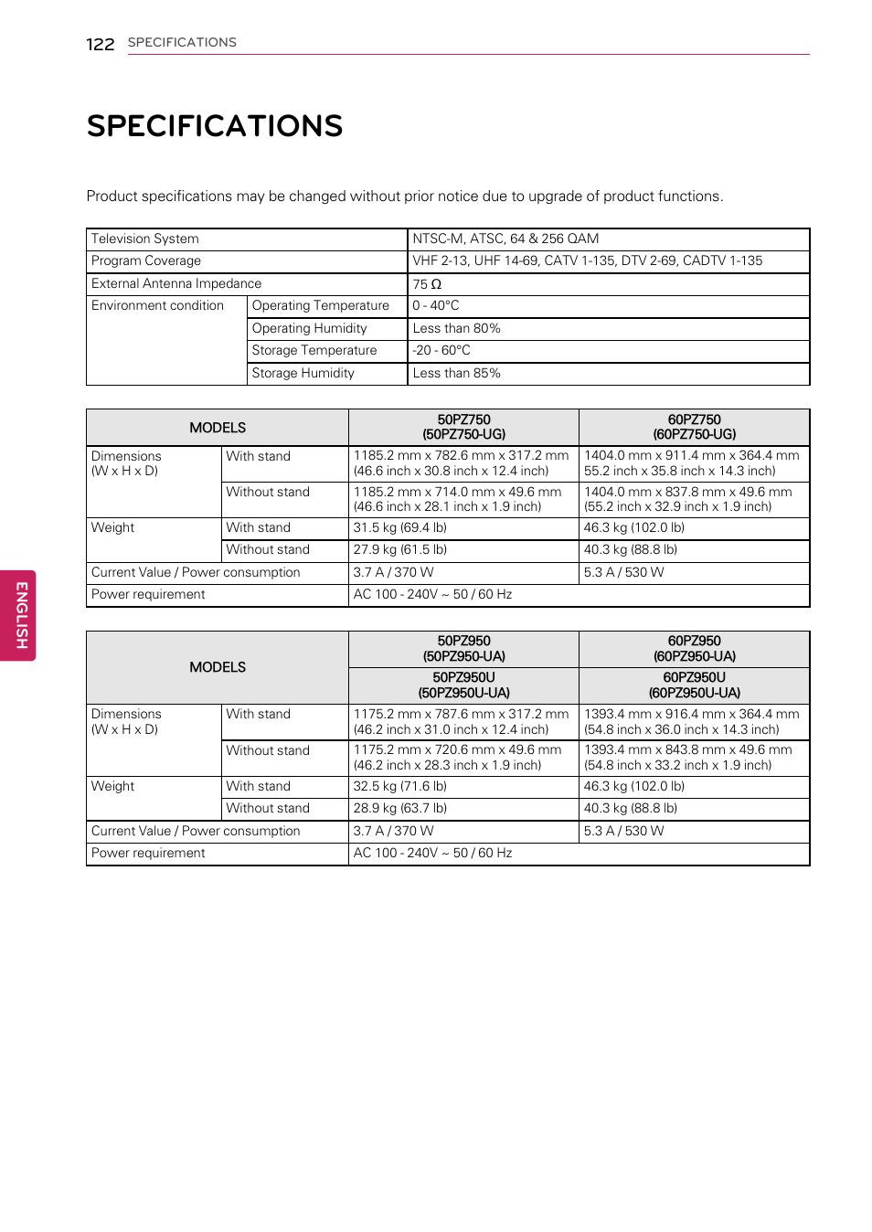 Specifications, 122 specifications | LG 55LW9800 User Manual | Page 122 / 170