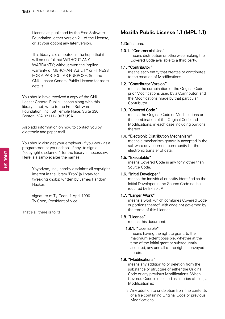 Mozilla public license 1.1 (mpl 1.1) | LG 55LW9800 User Manual | Page 150 / 170