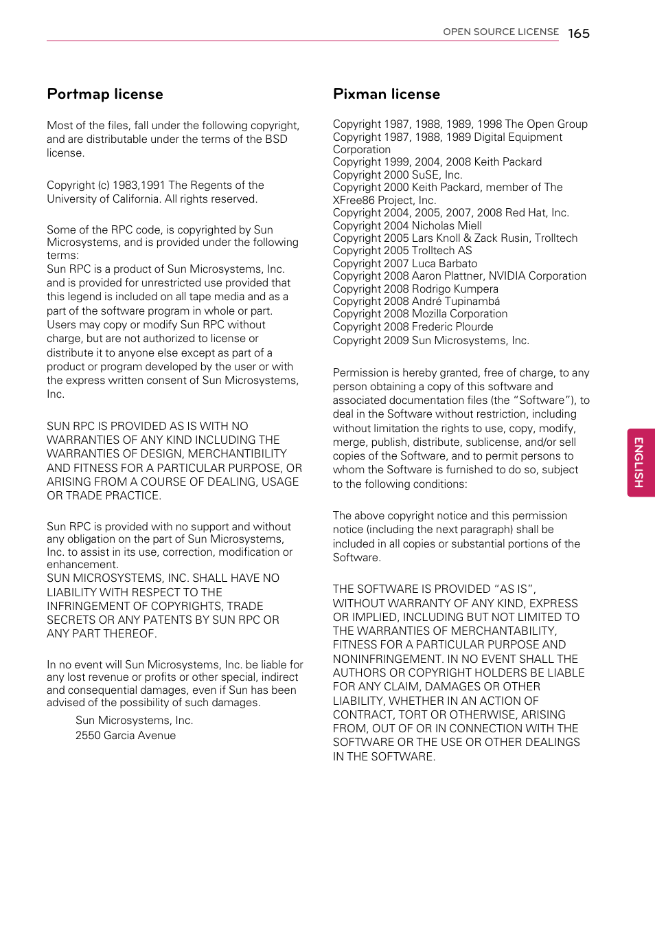 Portmap license, Pixman license | LG 55LW9800 User Manual | Page 165 / 170