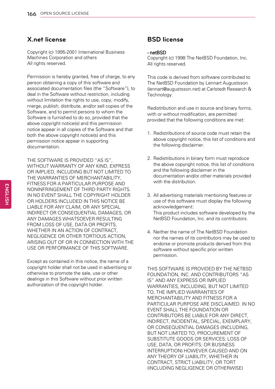 X.net license, Bsd license | LG 55LW9800 User Manual | Page 166 / 170
