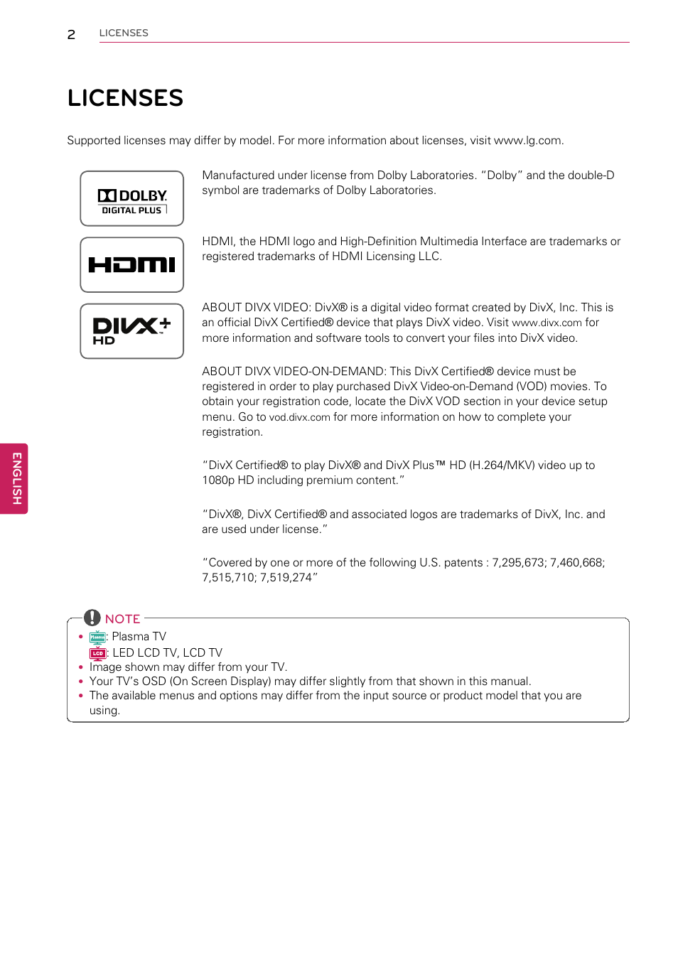 Licenses | LG 55LW9800 User Manual | Page 2 / 170