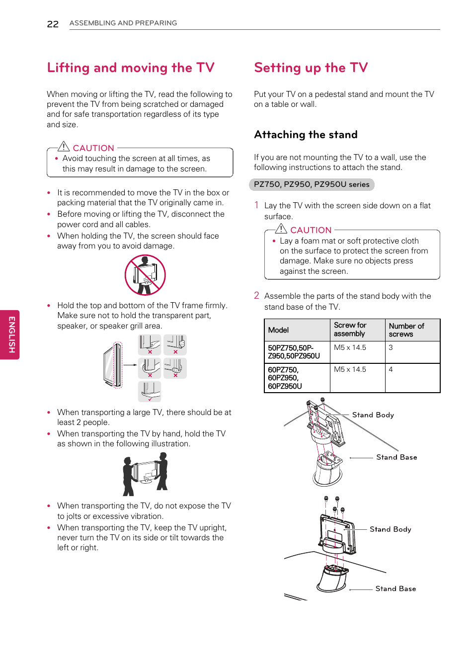 Lifting and moving the tv, Setting up the tv, Attaching the stand | LG 55LW9800 User Manual | Page 22 / 170