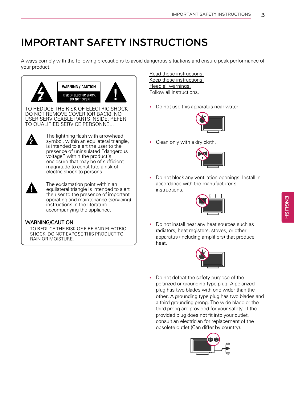 Important safety instructions | LG 55LW9800 User Manual | Page 3 / 170