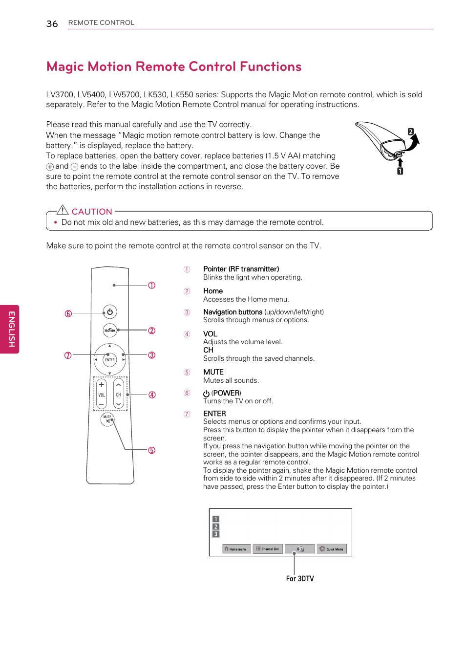 Magic motion remote control functions | LG 55LW9800 User Manual | Page 36 / 170