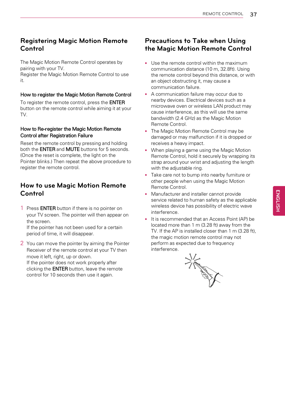 Registering magic motion remote control, How to use magic motion remote control, Precautions to take when using the magic | Motion remote control | LG 55LW9800 User Manual | Page 37 / 170