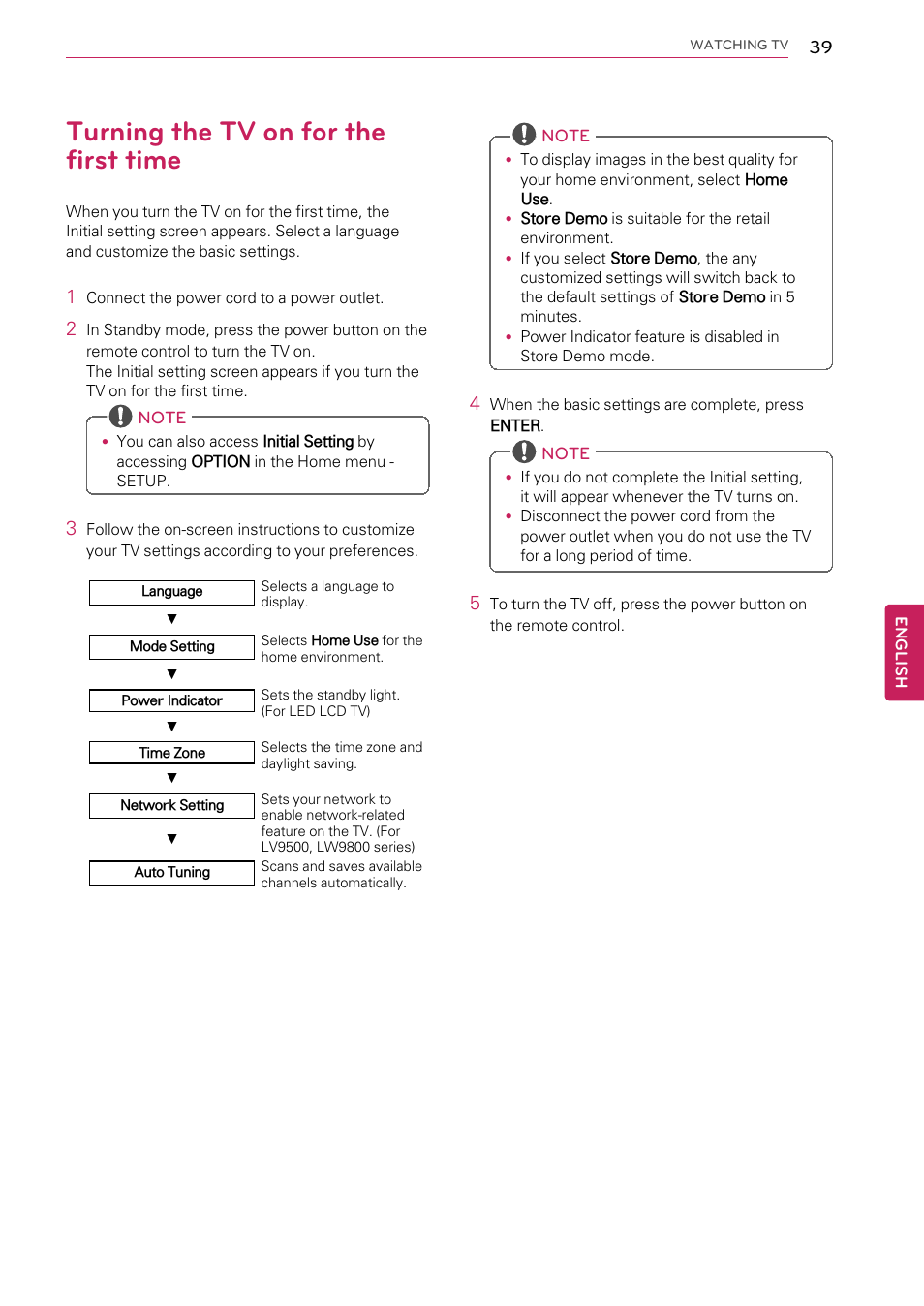 Turning the tv on for the first time | LG 55LW9800 User Manual | Page 39 / 170