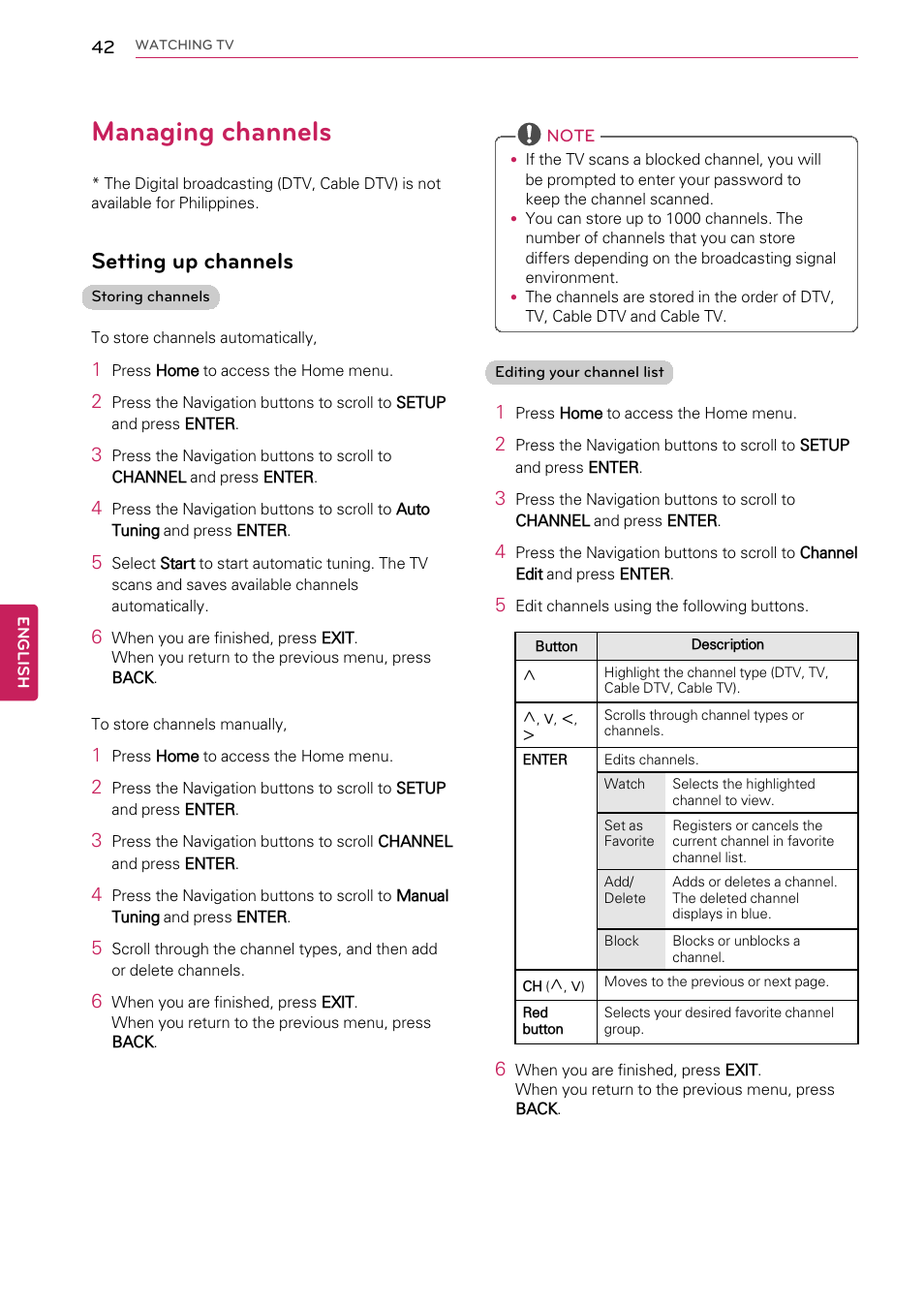 Managing channels, Setting up channels | LG 55LW9800 User Manual | Page 42 / 170