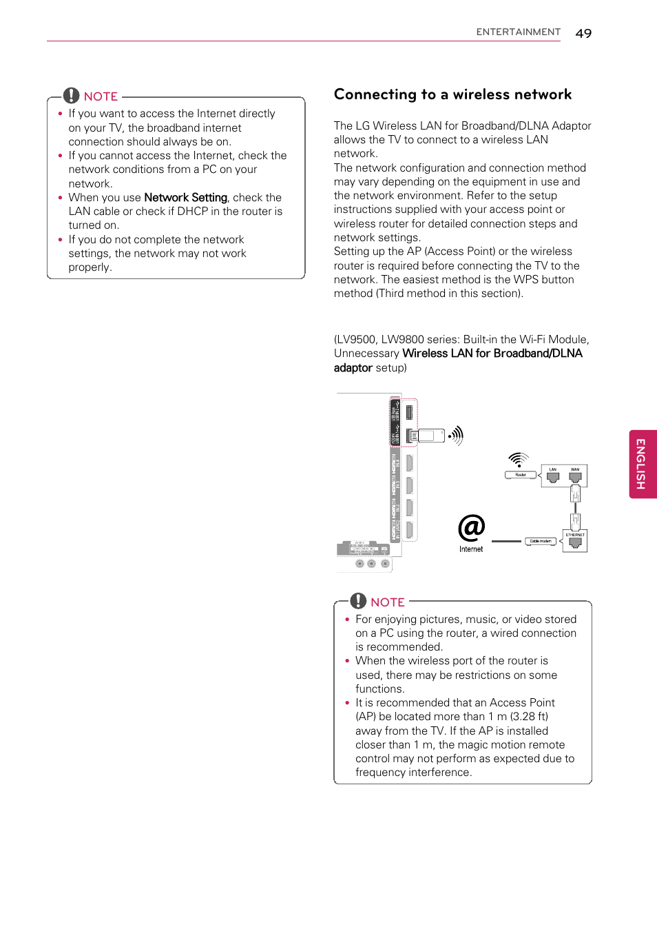 Connecting to a wireless network, English, Entertainment | LG 55LW9800 User Manual | Page 49 / 170