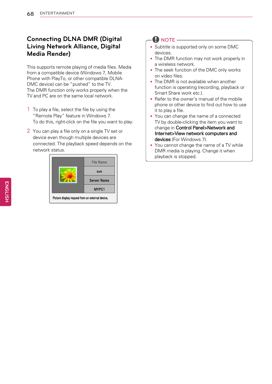 Connecting dlna dmr (digital living, Network alliance, digital media render) | LG 55LW9800 User Manual | Page 68 / 170