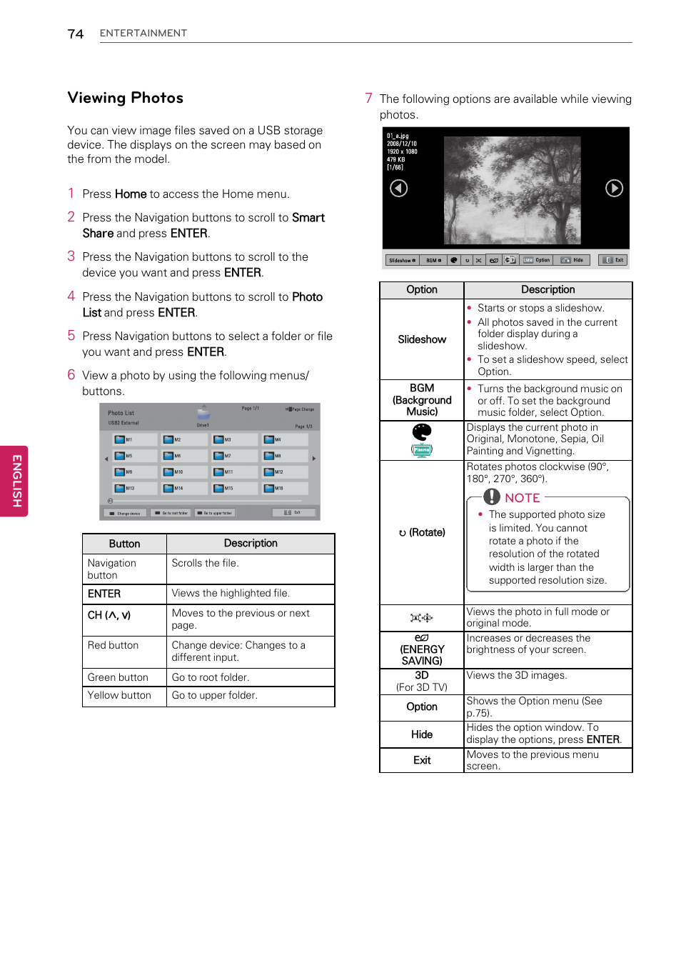 Viewing photos | LG 55LW9800 User Manual | Page 74 / 170