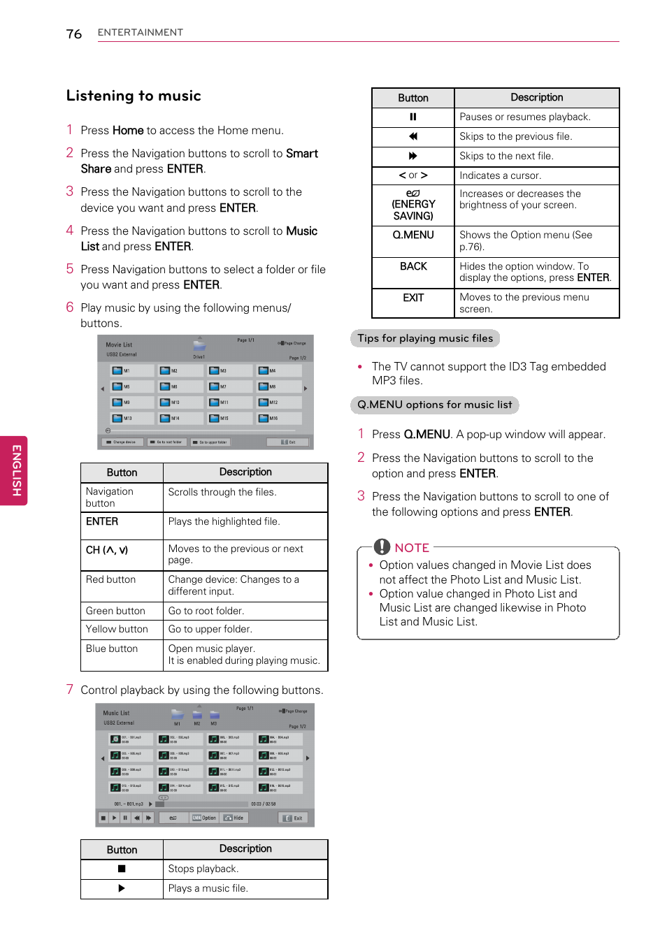 Listening to music | LG 55LW9800 User Manual | Page 76 / 170