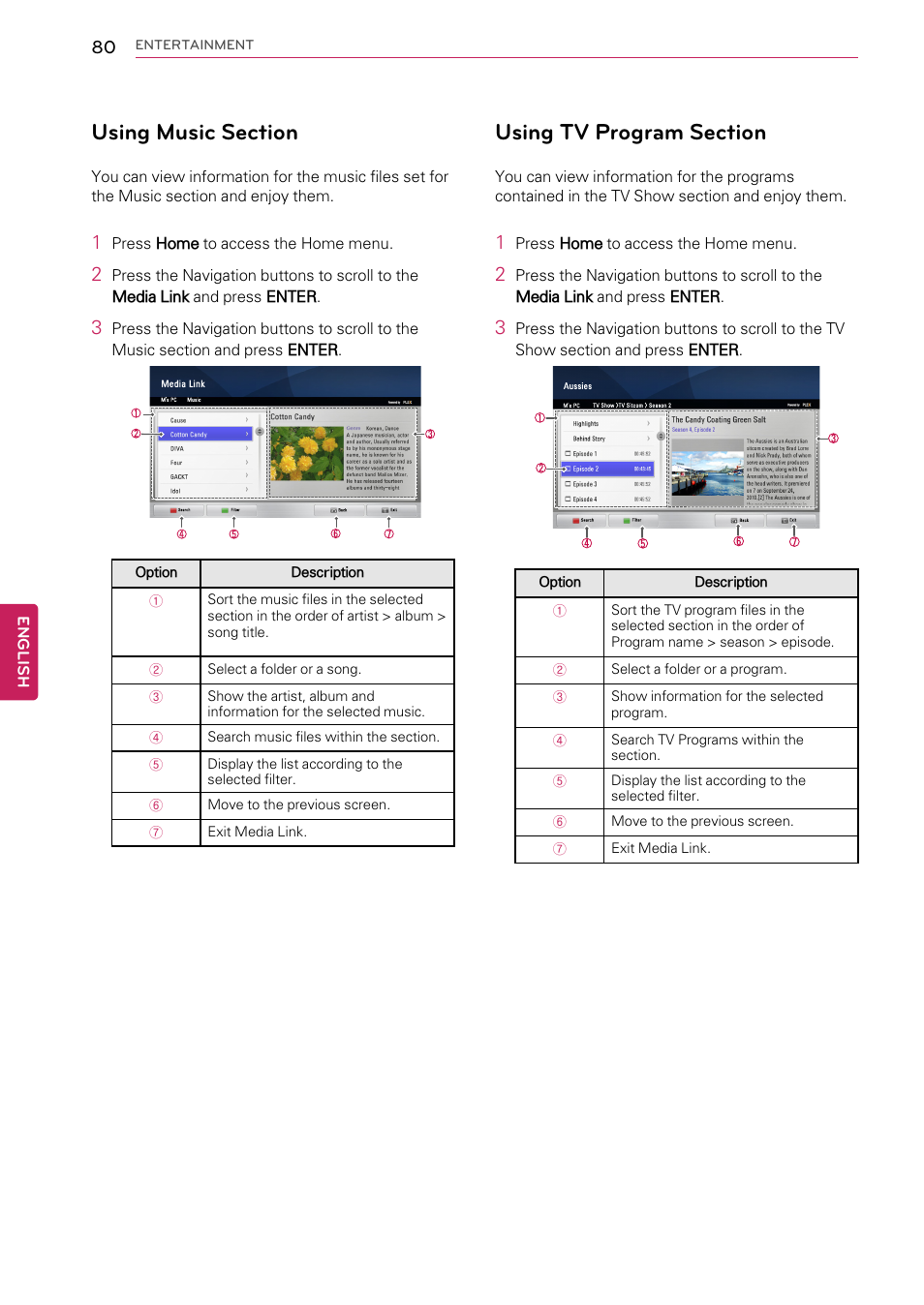 Using music section, Using tv program section | LG 55LW9800 User Manual | Page 80 / 170