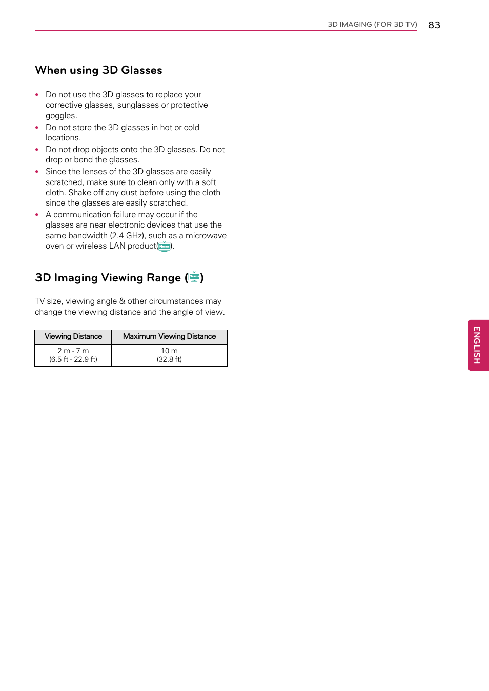 When using 3d glasses, 3d imaging viewing range (), 3d imaging viewing range | LG 55LW9800 User Manual | Page 83 / 170