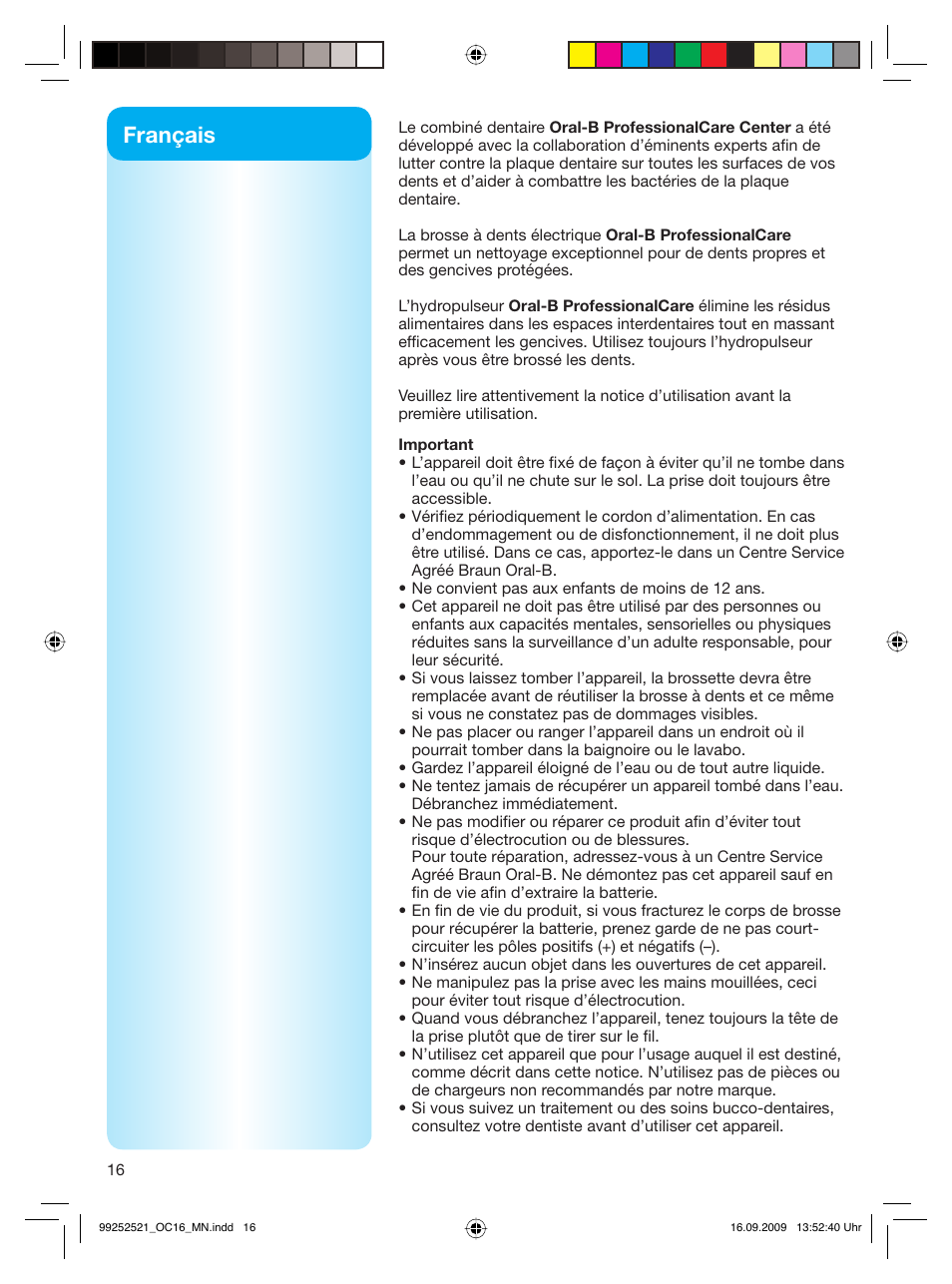 Français | Braun OC16.525 Professional Care 6500 WaterJet Center User Manual | Page 16 / 52