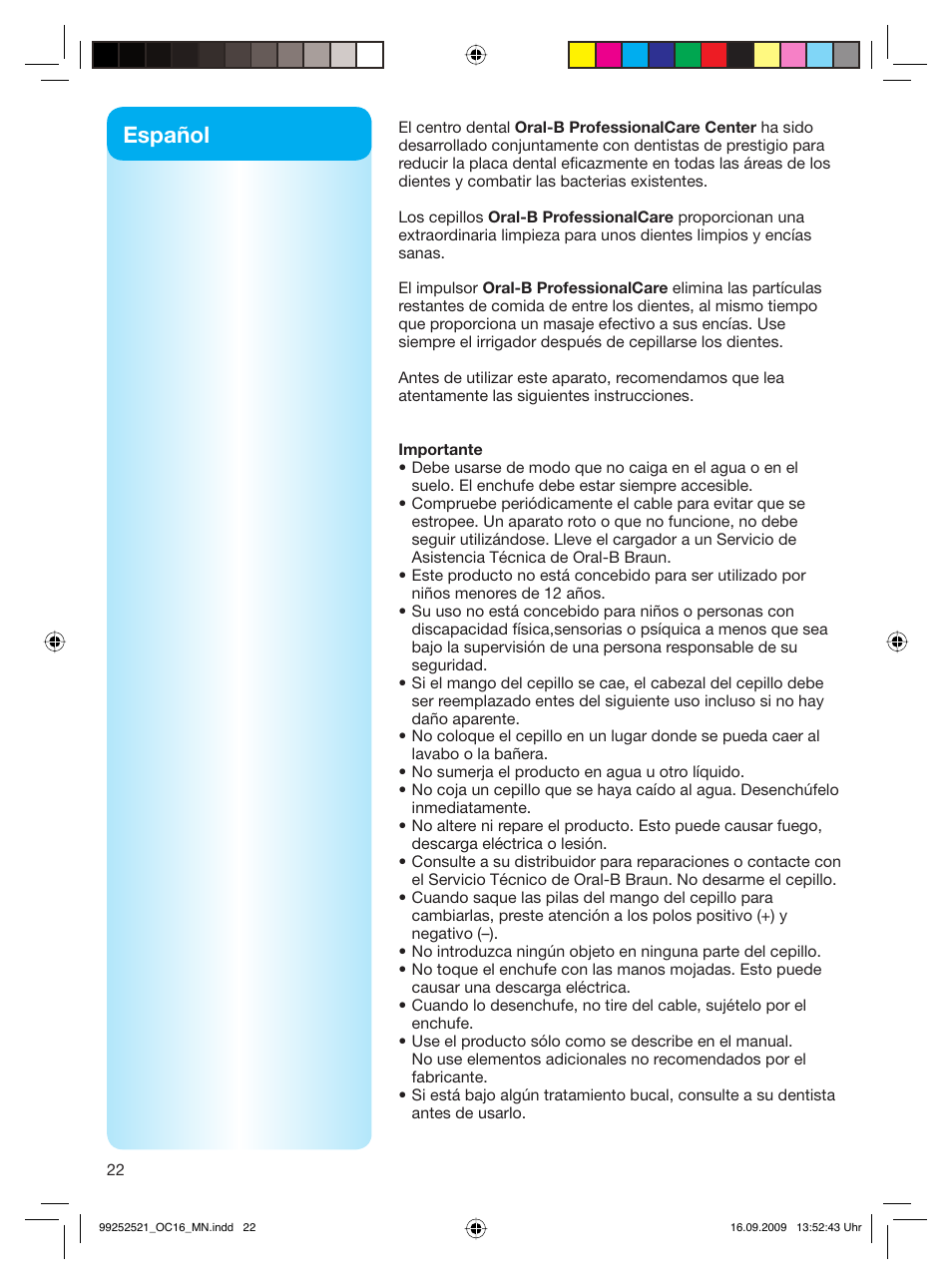 Español | Braun OC16.525 Professional Care 6500 WaterJet Center User Manual | Page 22 / 52
