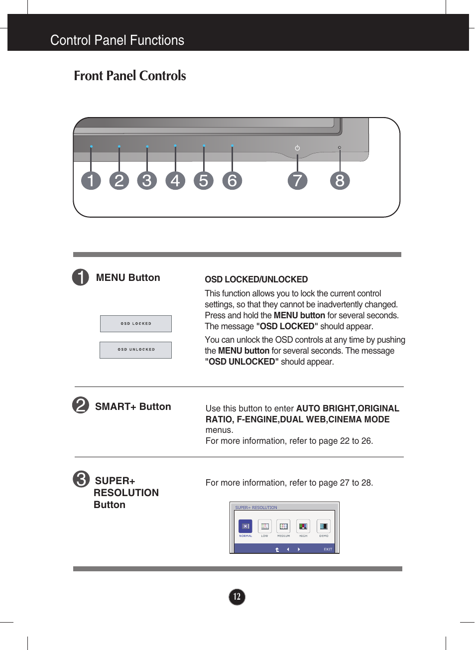 Control panel functions, Front panel controls, Control panel functions front panel controls | LG E2750VR-SN User Manual | Page 13 / 37