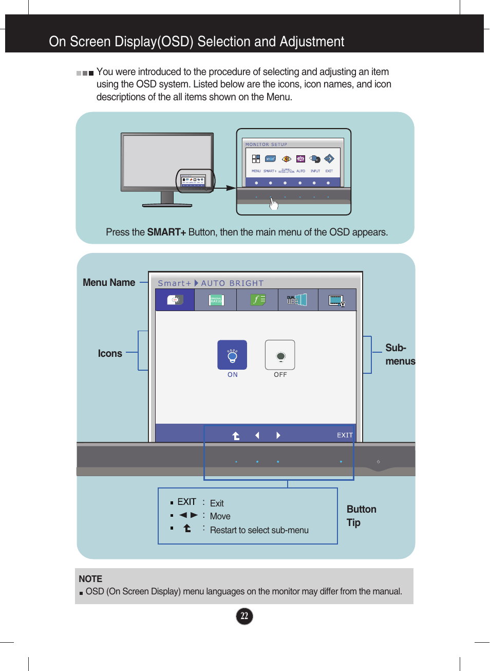 On screen display(osd) selection and adjustment | LG E2750VR-SN User Manual | Page 23 / 37