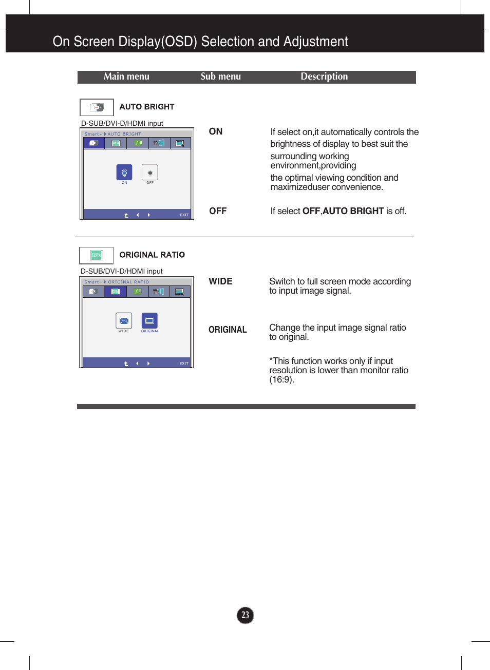 Auto bright, Original ratio, On screen display(osd) selection and adjustment | LG E2750VR-SN User Manual | Page 24 / 37