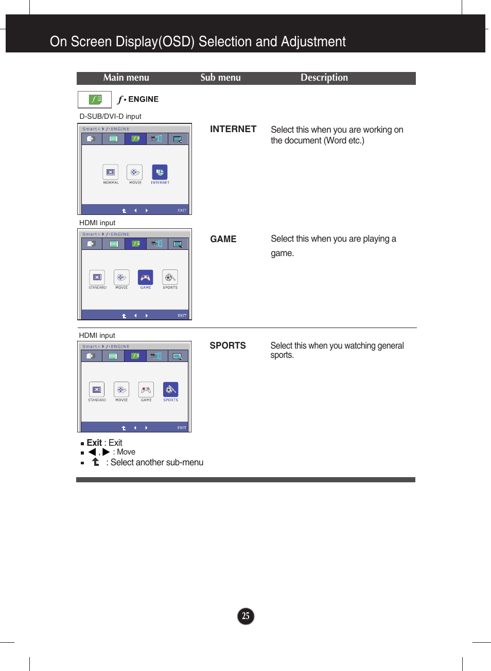 On screen display(osd) selection and adjustment | LG E2750VR-SN User Manual | Page 26 / 37