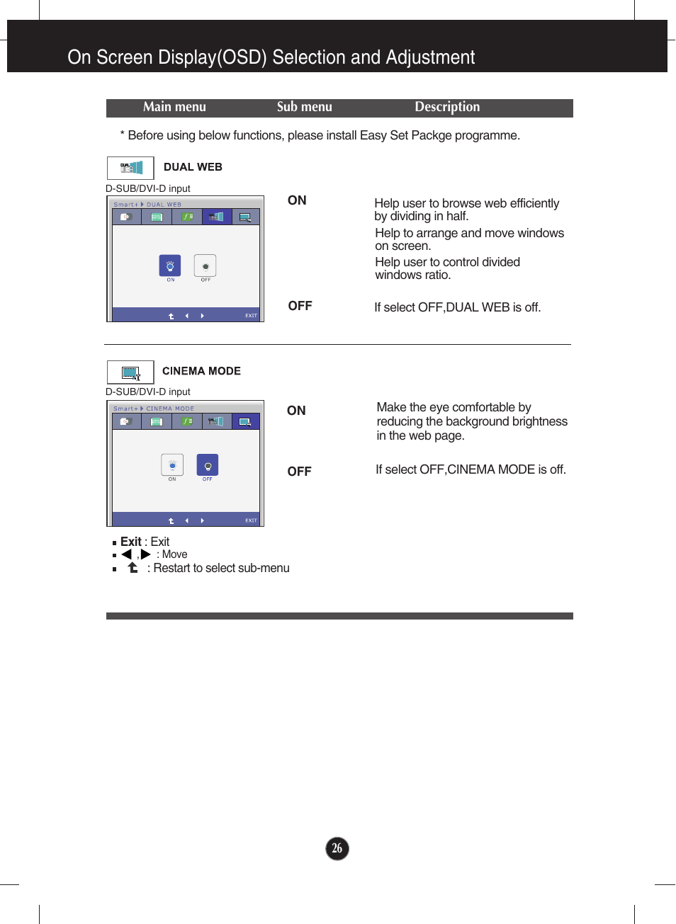 Dual web, Cinema mode, On screen display(osd) selection and adjustment | LG E2750VR-SN User Manual | Page 27 / 37