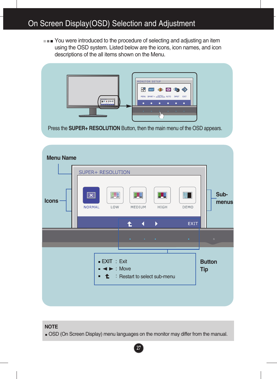 On screen display(osd) selection and adjustment | LG E2750VR-SN User Manual | Page 28 / 37