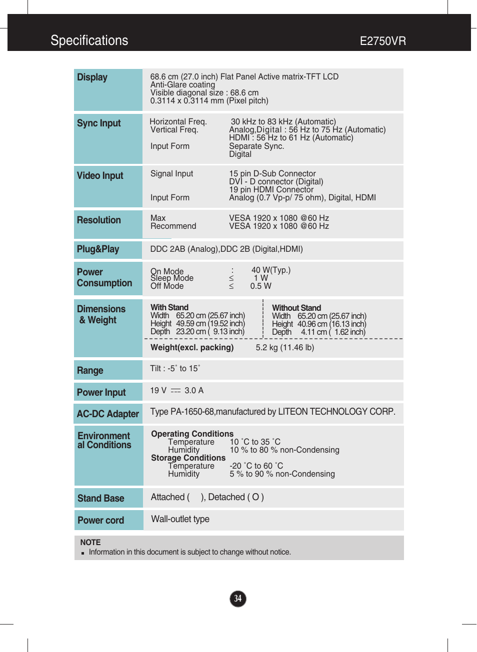 E2750vr, Specifications | LG E2750VR-SN User Manual | Page 35 / 37