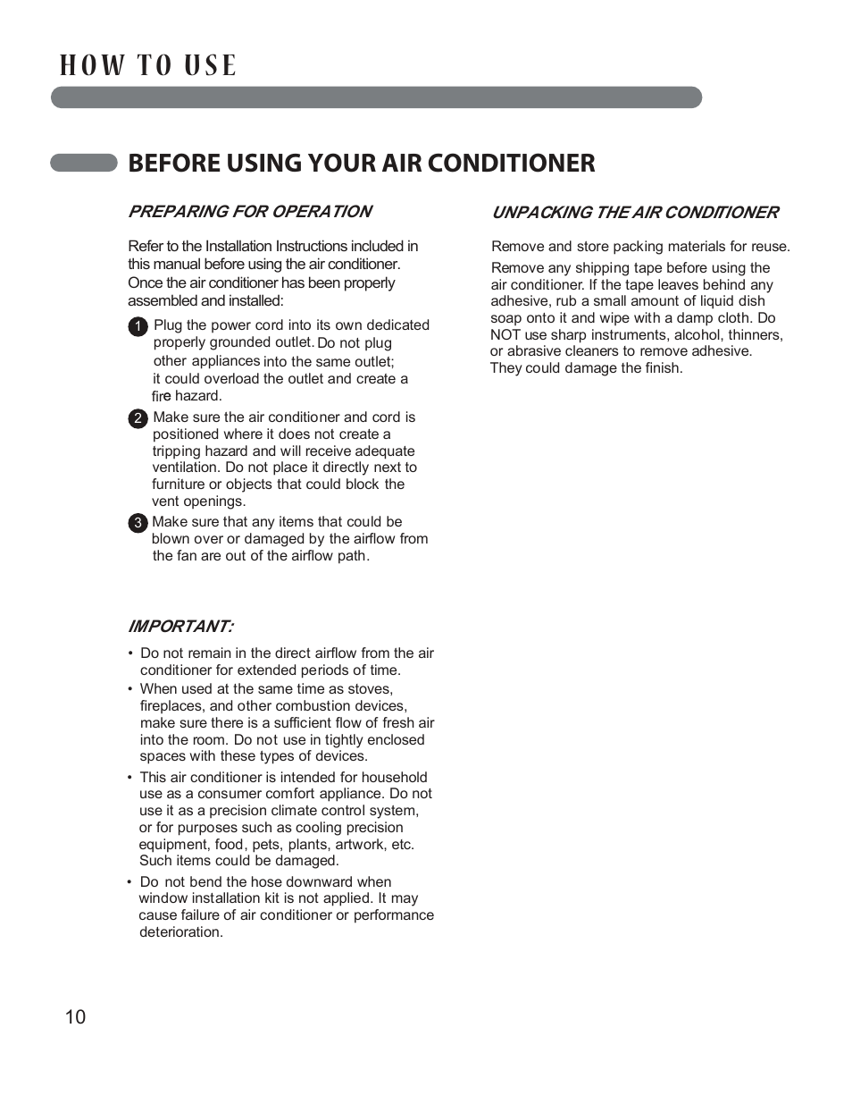 Before using your air conditioner | LG LP1414GXR User Manual | Page 10 / 30