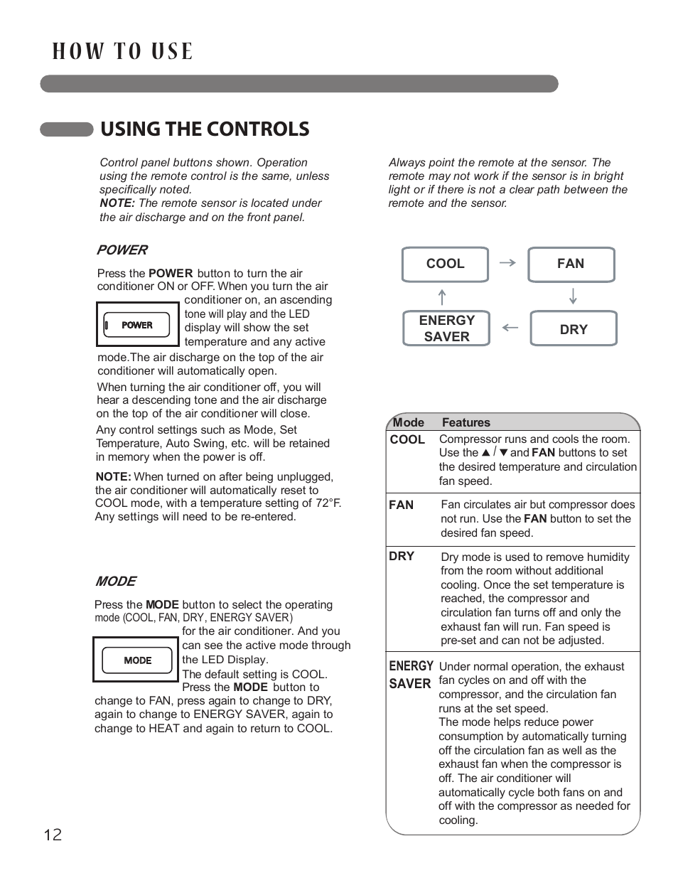 Using the controls | LG LP1414GXR User Manual | Page 12 / 30