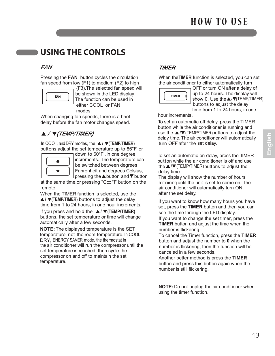 Using the controls, English | LG LP1414GXR User Manual | Page 13 / 30