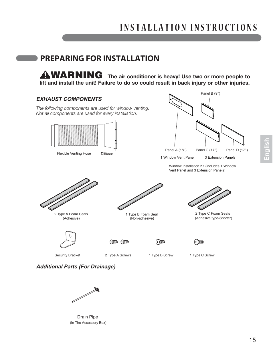 Warning, Preparing for installation, English | LG LP1414GXR User Manual | Page 15 / 30