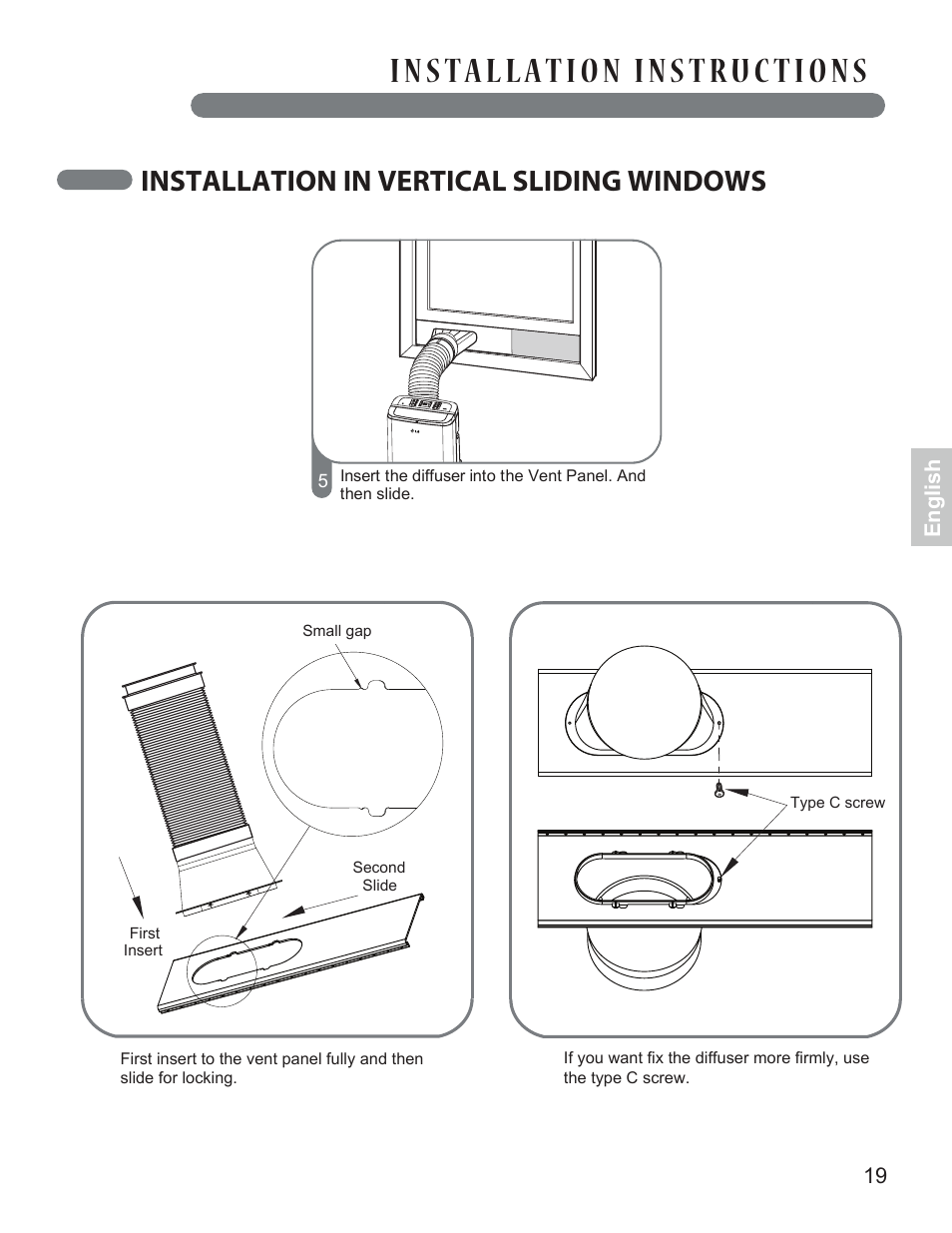 Installation in vertical sliding windows | LG LP1414GXR User Manual | Page 19 / 30