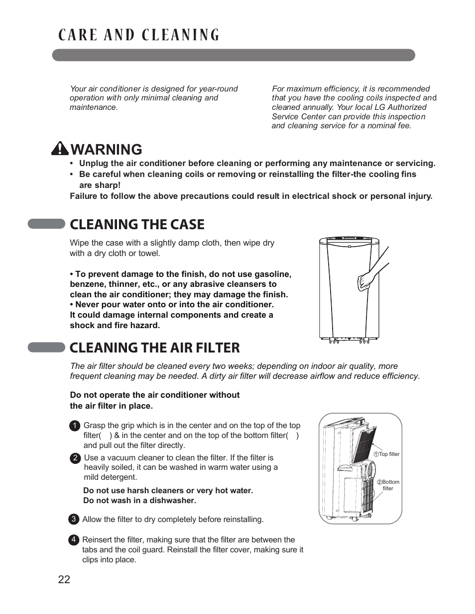 Warning, Cleaning the case, Cleaning the air filter | LG LP1414GXR User Manual | Page 22 / 30