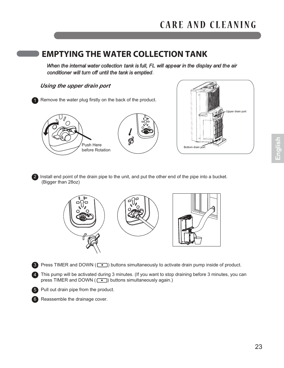Emptying the water collection tank, 23 english | LG LP1414GXR User Manual | Page 23 / 30