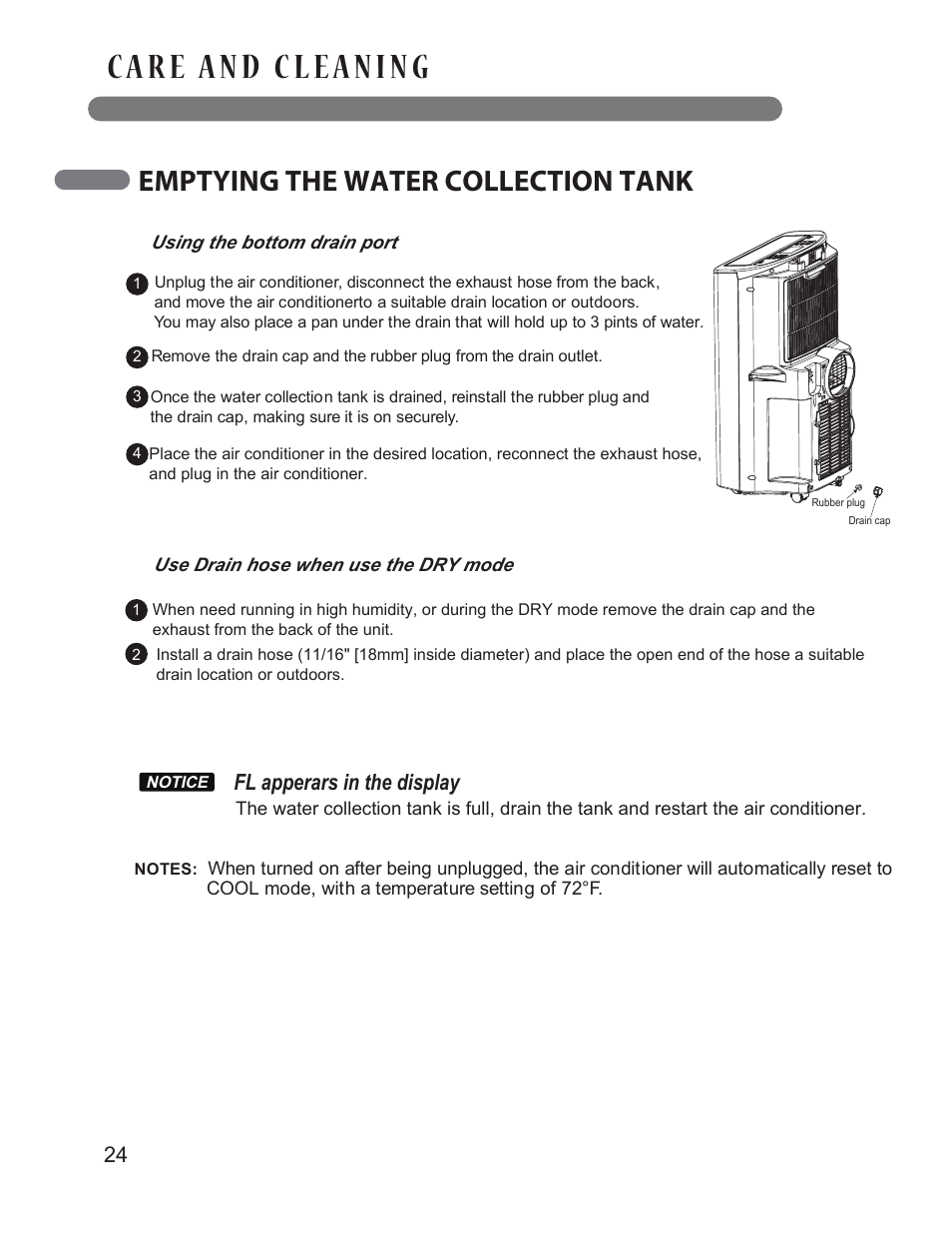 Emptying the water collection tank, Fl apperars in the display | LG LP1414GXR User Manual | Page 24 / 30