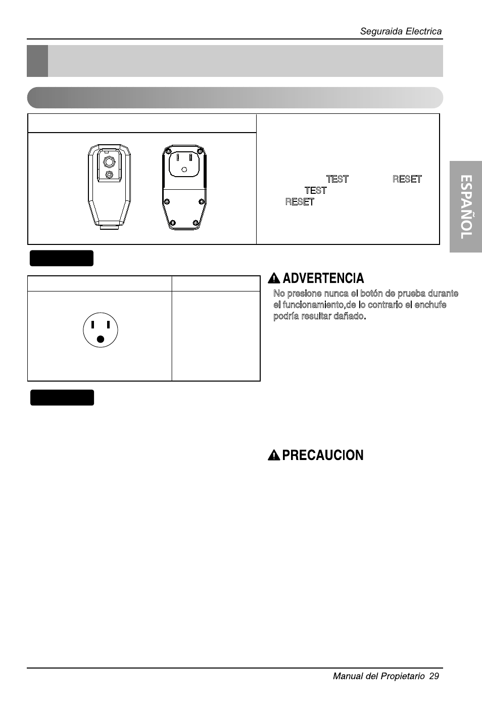 Seguraida electrica, Esp añol, Datos electricos | Consejo | LG LW6014ER User Manual | Page 29 / 44