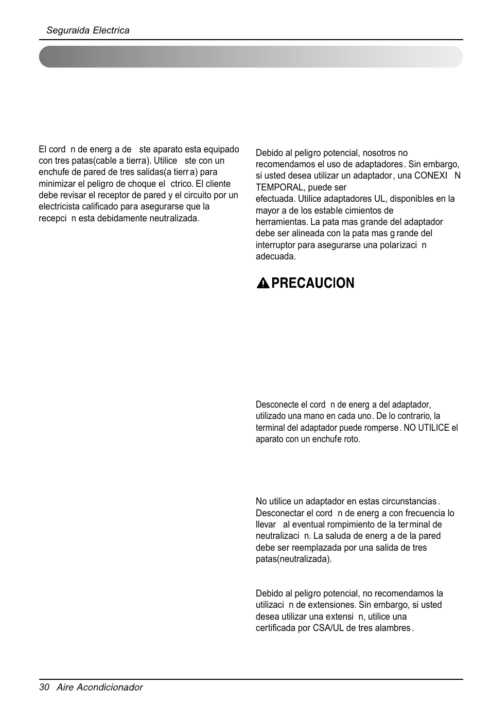 Seguraida electrica | LG LW6014ER User Manual | Page 30 / 44