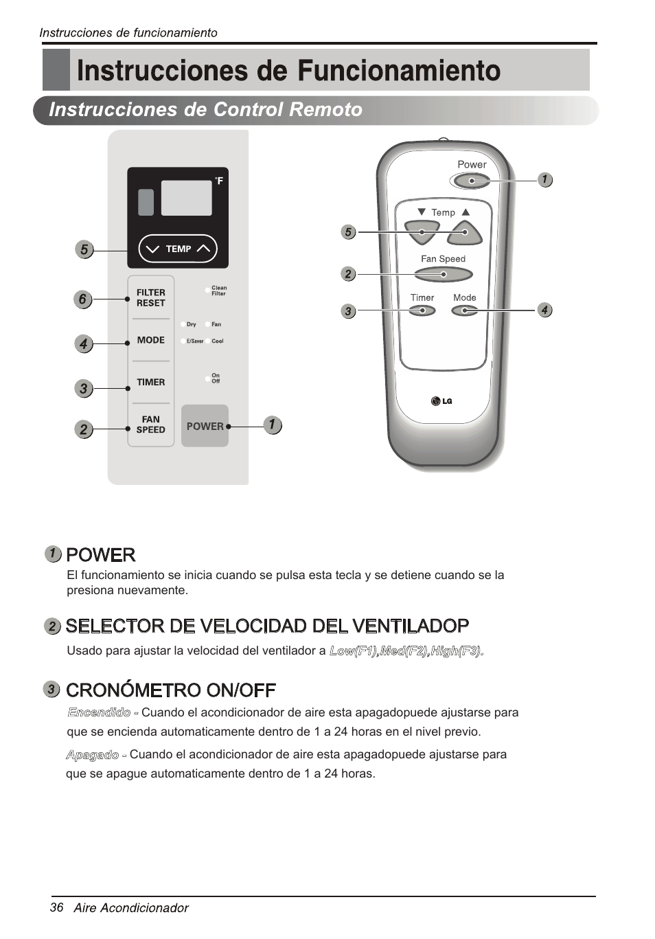 Т³гж 41, Instruccionnes de funcionamiento, Power | Selector de velocidad del ventiladop, Cronometro on/off | LG LW6014ER User Manual | Page 36 / 44