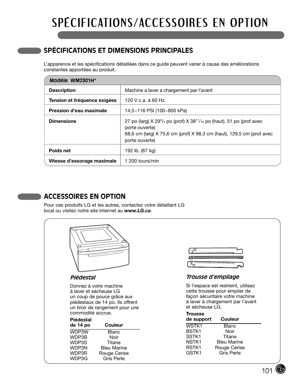Spécifications et dimensions principales, Accessoires en option | LG WM2301HW User Manual | Page 101 / 108