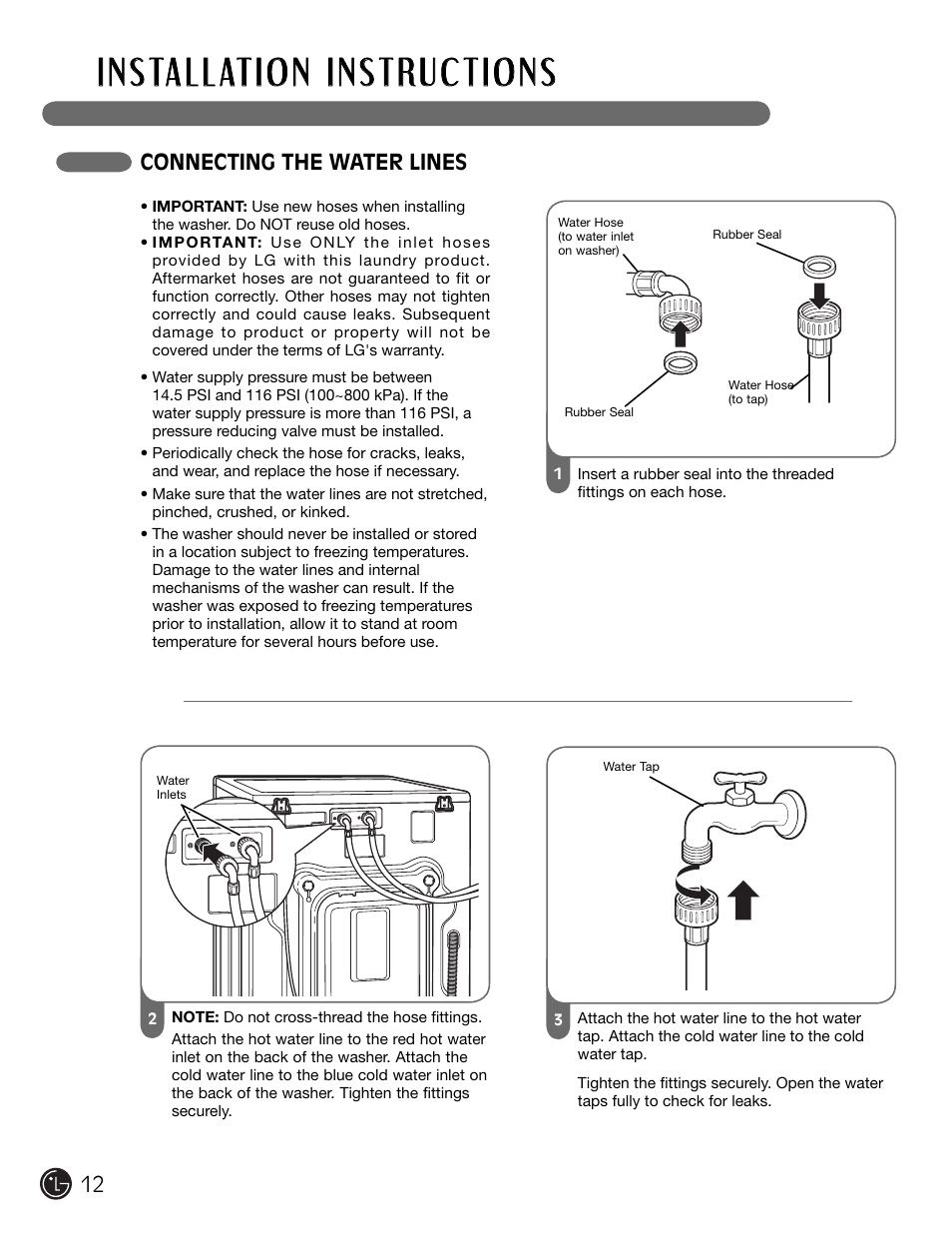 Connecting the water lines | LG WM2301HW User Manual | Page 12 / 108
