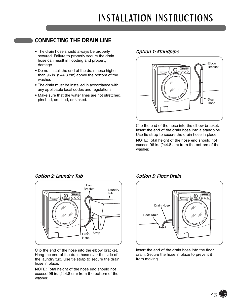 Connecting the drain line | LG WM2301HW User Manual | Page 13 / 108