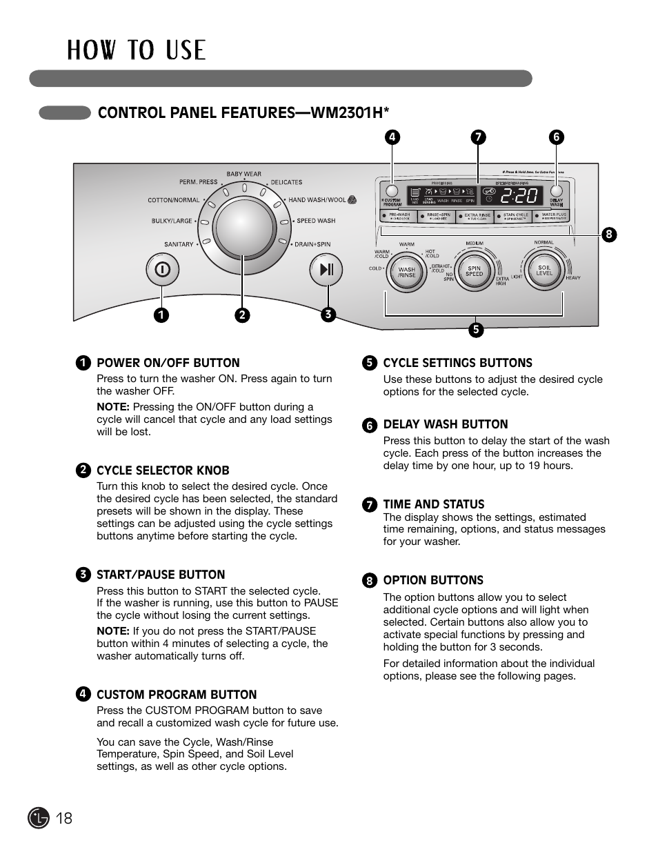 H o w to u s e, Control panel features—wm2301h | LG WM2301HW User Manual | Page 18 / 108