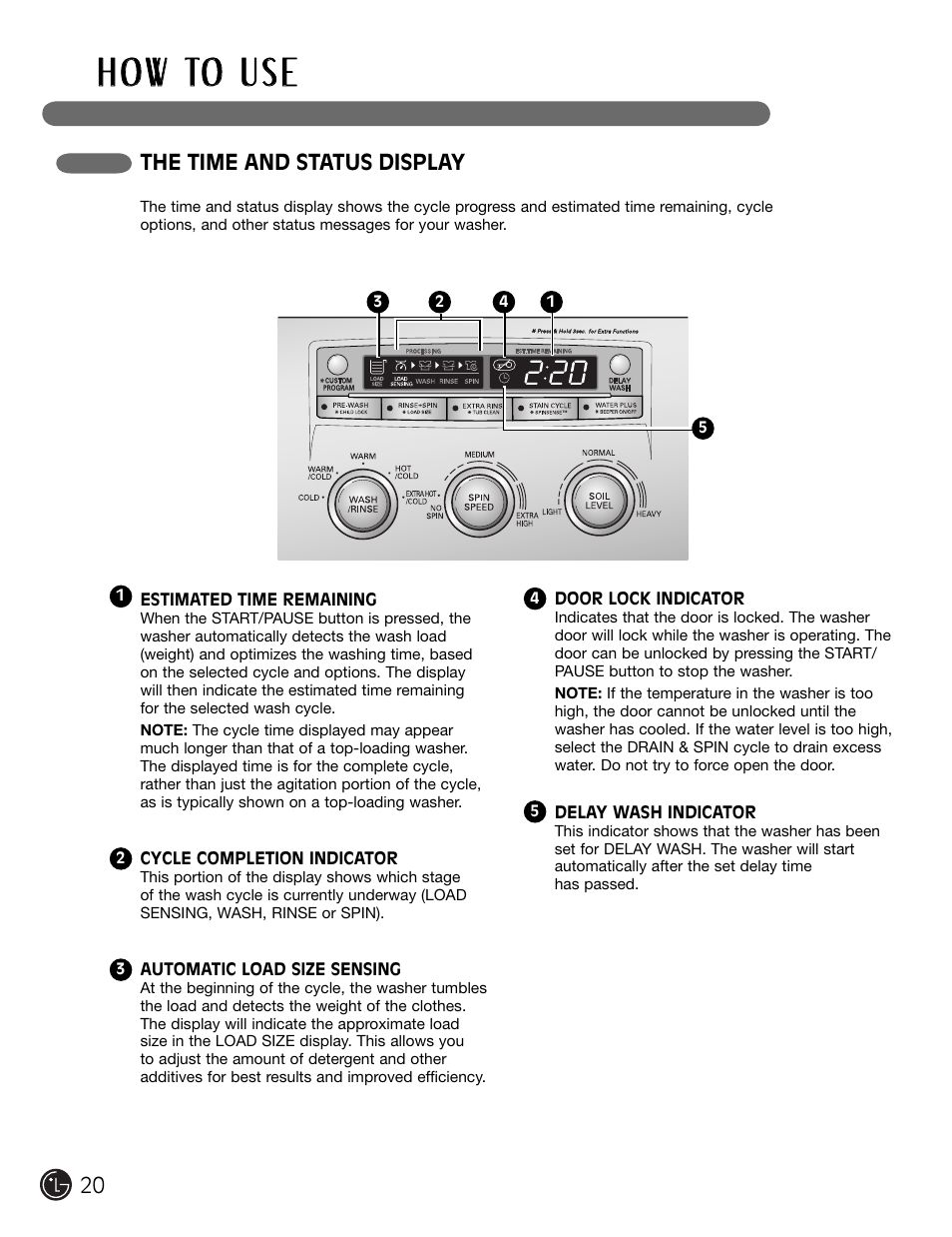 H o w to u s e, The time and status display | LG WM2301HW User Manual | Page 20 / 108