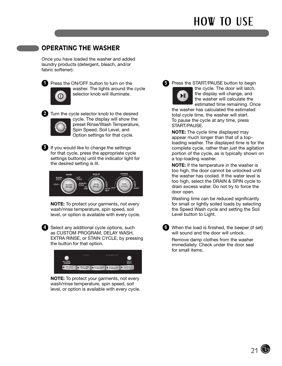 H o w to u s e, Operating the washer | LG WM2301HW User Manual | Page 21 / 108