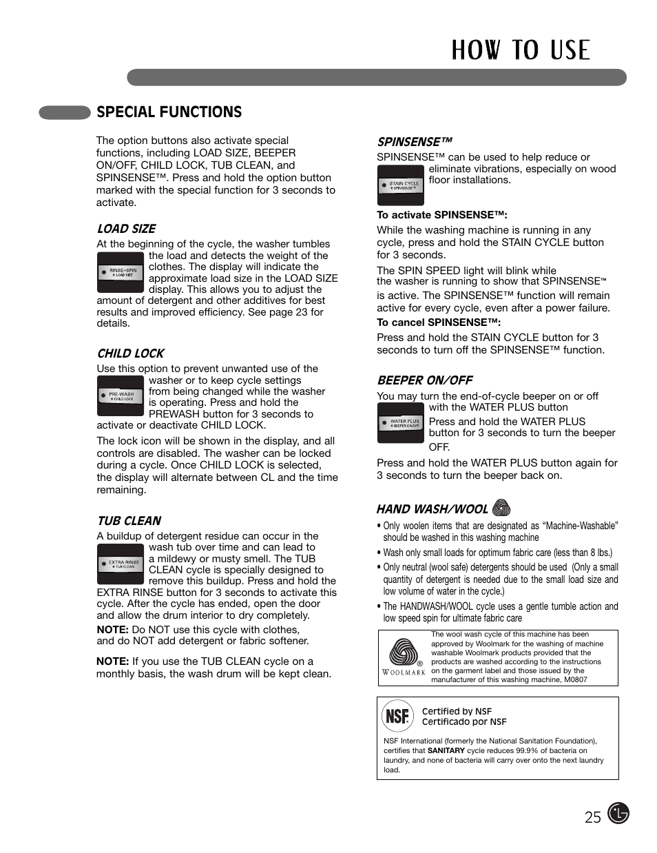 H o w to u s e, Special functions | LG WM2301HW User Manual | Page 25 / 108