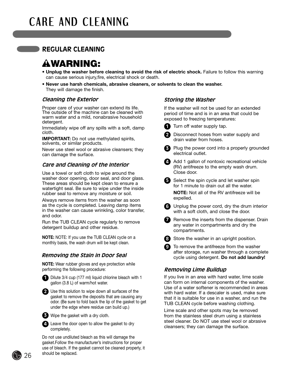 W warning, Regular cleaning | LG WM2301HW User Manual | Page 26 / 108